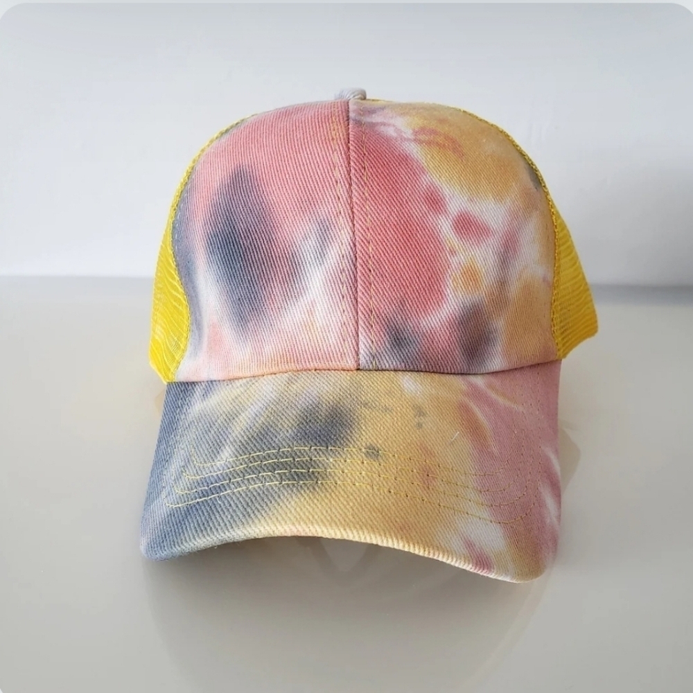Tie Dye Ponytail Baseball Hat NWOT Grey, Coral, Yellow, Mesh Back Trucker C…